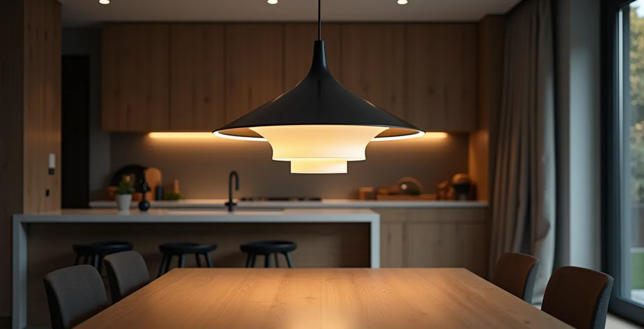 Elegante Schweizer Designer-Hängeleuchte als visueller Fokuspunkt über Esstisch