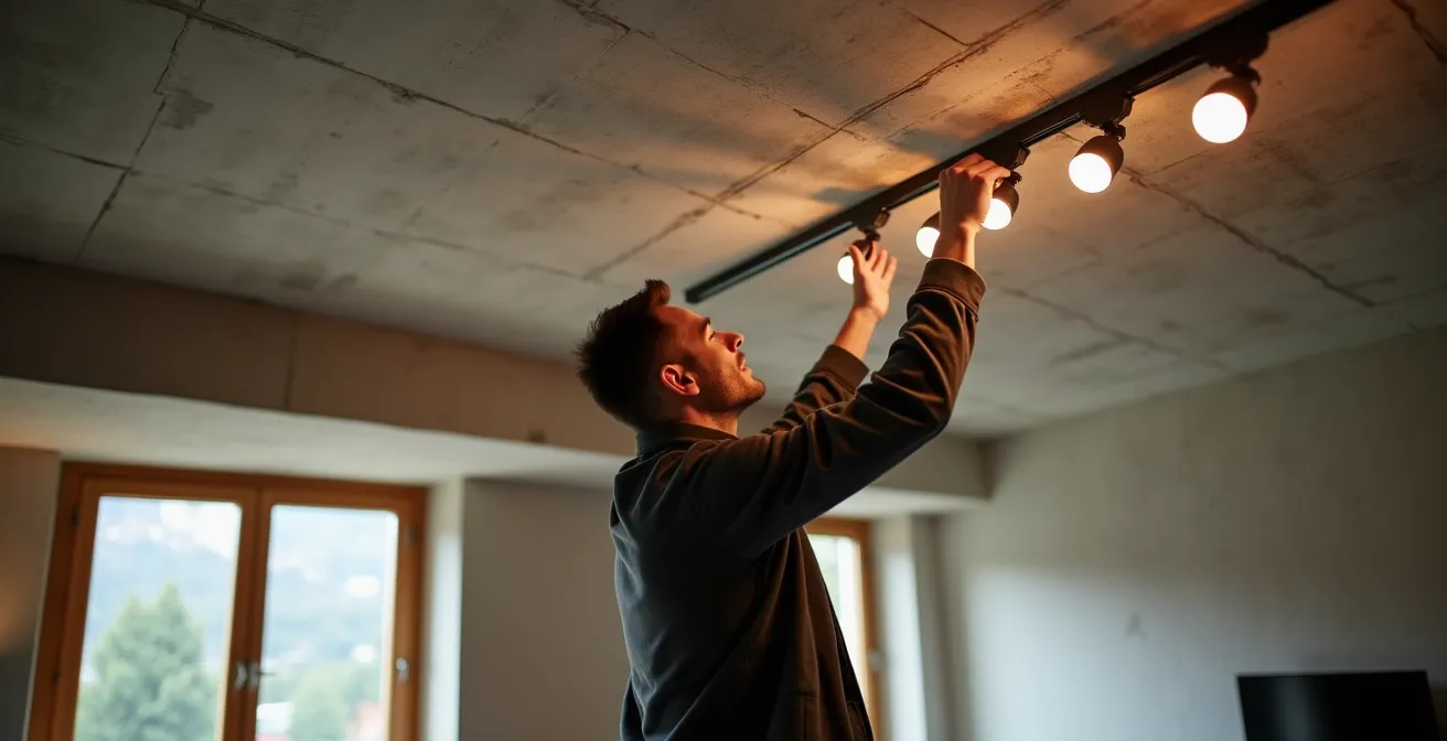 Elegante Stromschienen-Beleuchtung in moderner Betondecke