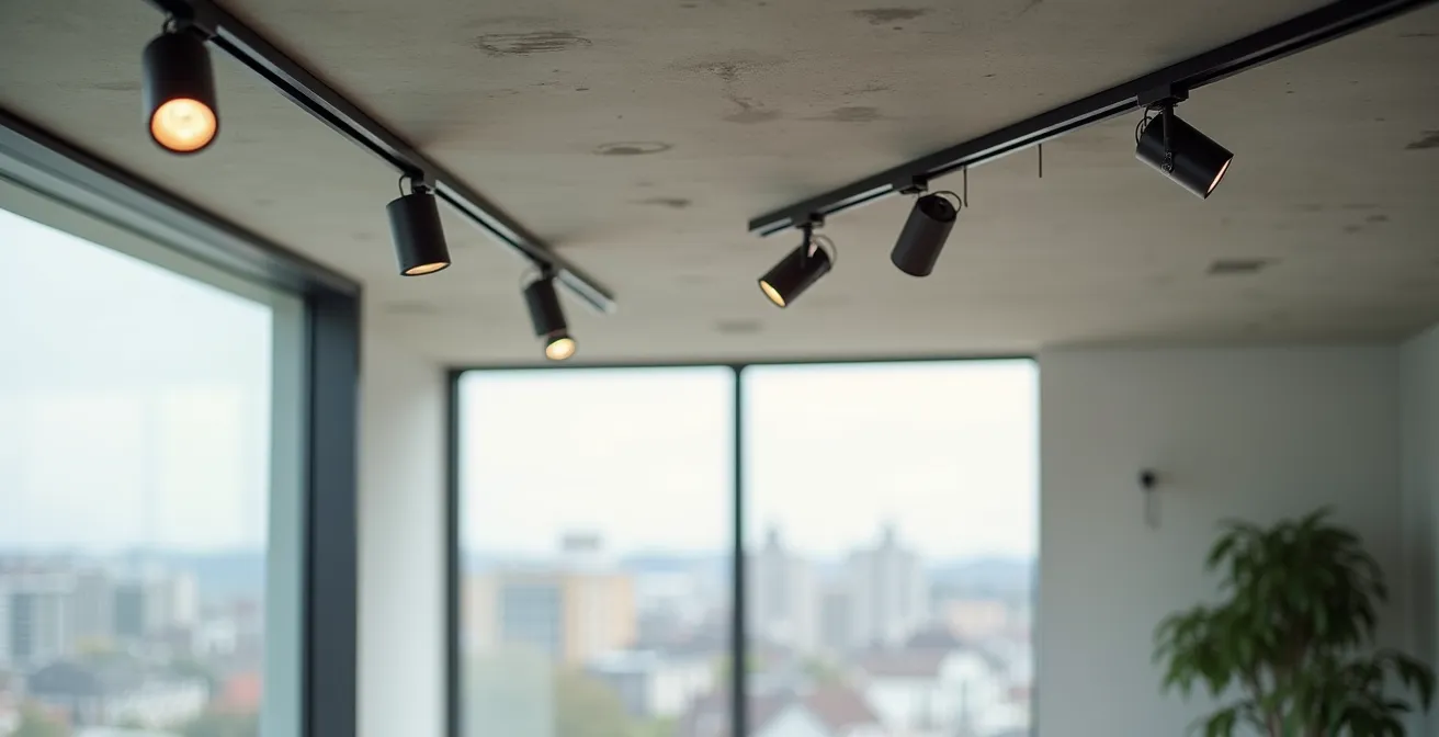 Ein modernes Stromschienensystem an einer Betondecke in einer minimalistischen Schweizer Mietwohnung.