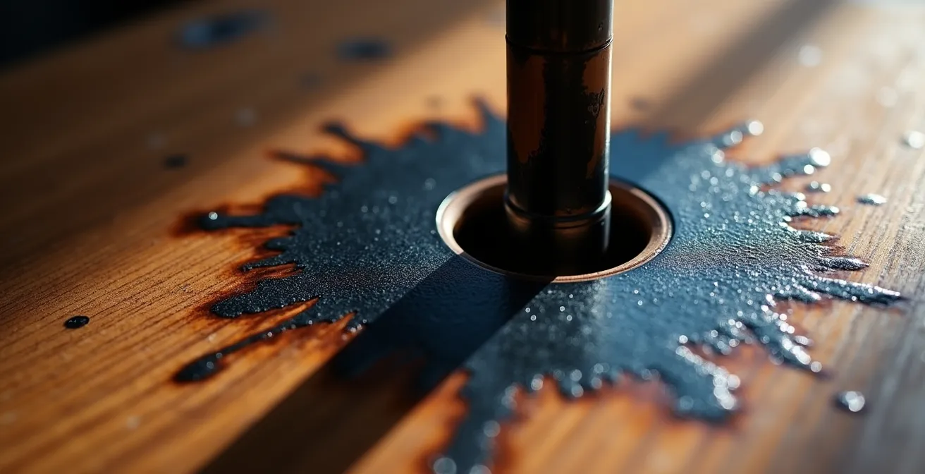 Detailaufnahme von schwarzen Flecken an Kontaktstelle zwischen Teakholz und Metallbeschlag