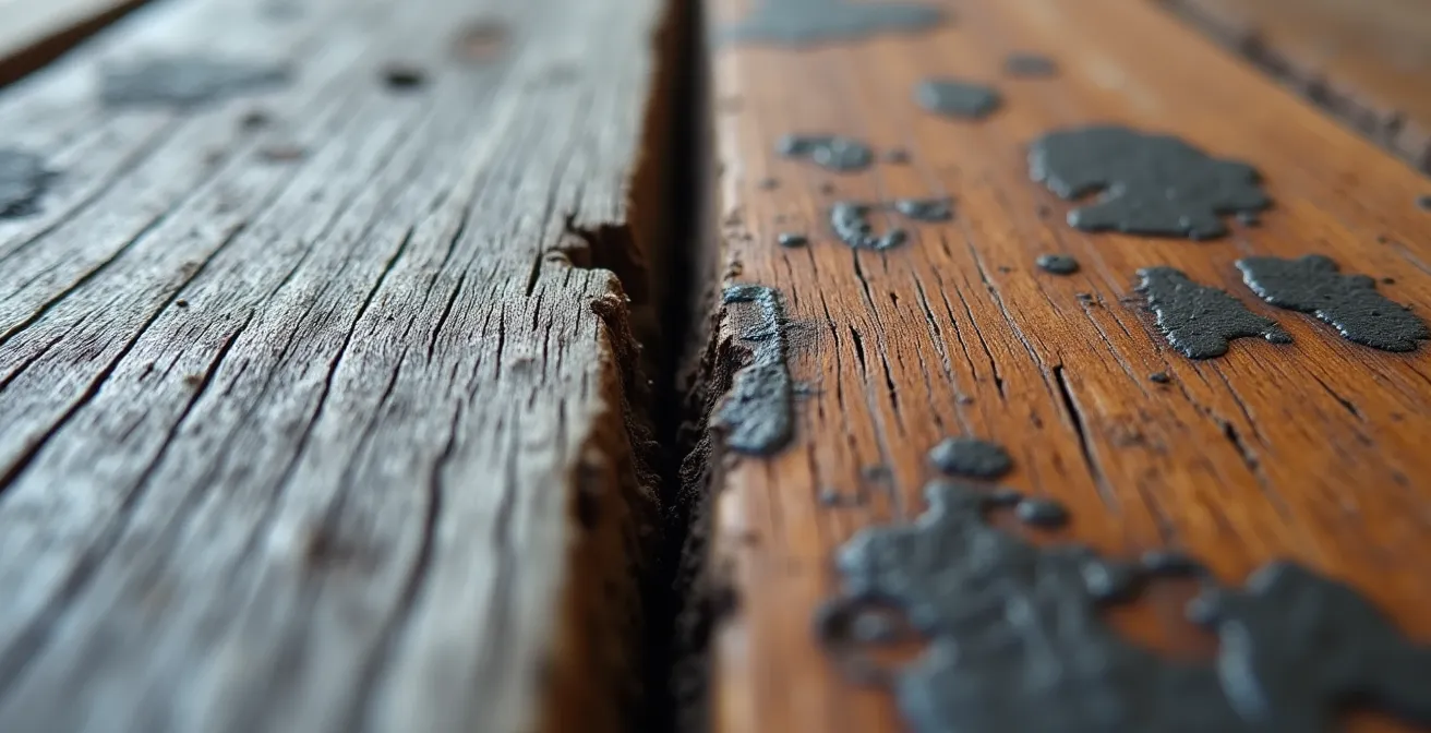 Nahaufnahme von gesunder silbergrauer Patina im Vergleich zu Schäden durch Staunässe