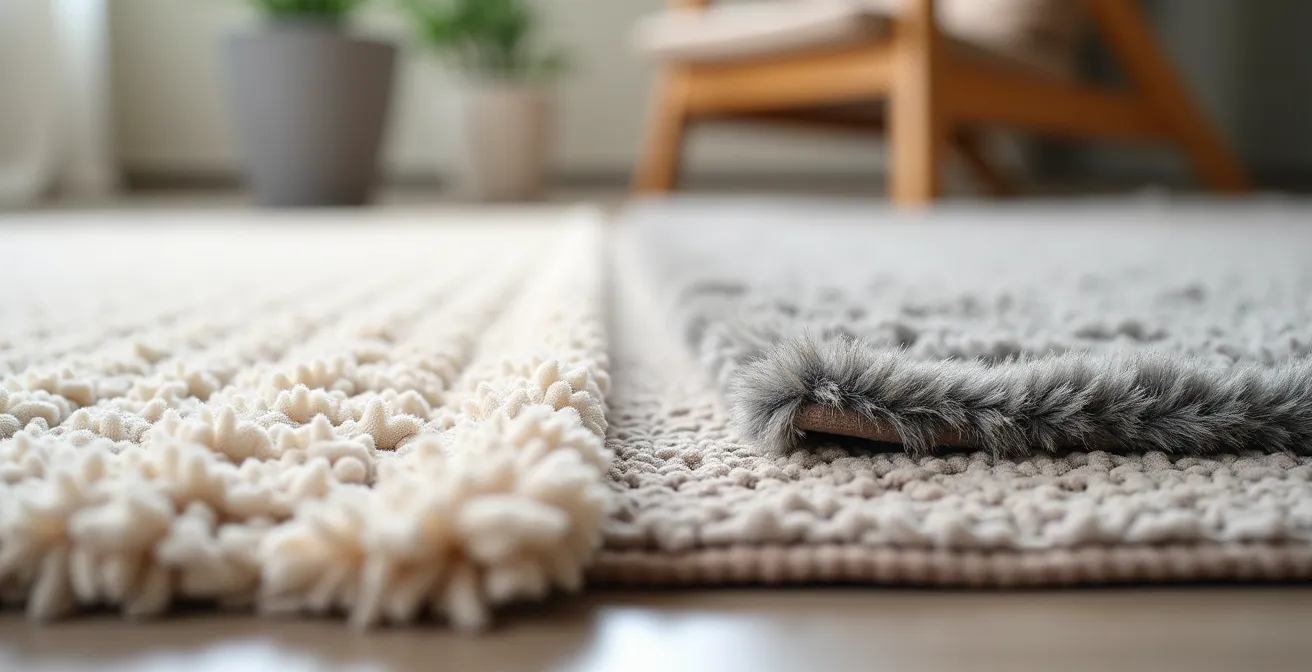 Geschichtete Teppiche in verschiedenen Texturen ohne Stolpergefahr in einem Schweizer Wohnzimmer arrangiert