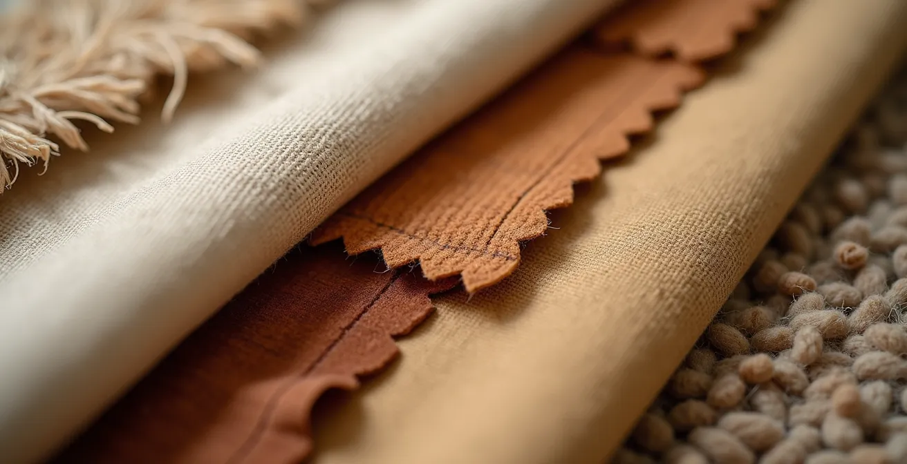 Makroaufnahme verschiedener Textilien und Stoffmuster in harmonischen Farbtönen