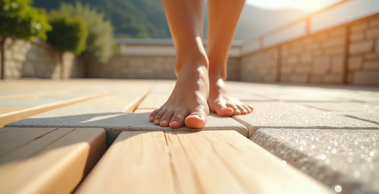 Thermografische Aufnahme zeigt Temperaturunterschiede zwischen Holz- und Steinbelägen auf einer Terrasse