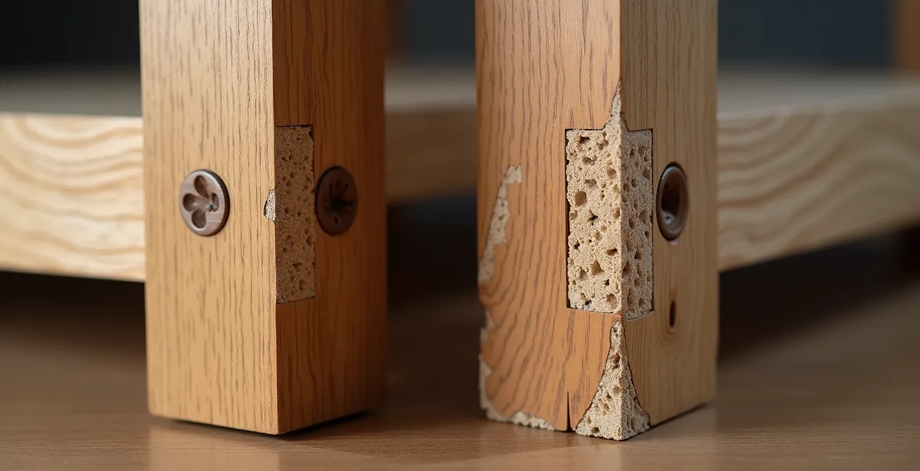 Makroaufnahme zeigt Unterschied zwischen stabiler Zapfenverbindung und lockeren Schrauben