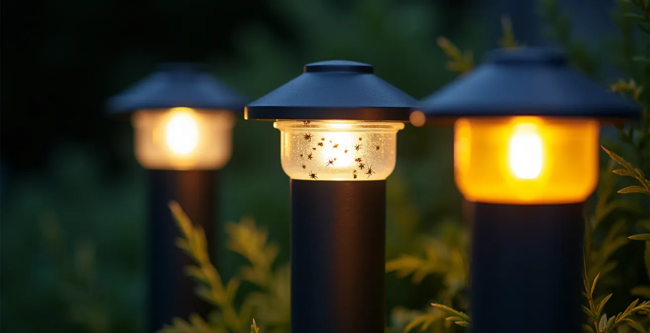 Visueller Vergleich der Insektenanziehung bei verschiedenen Kelvin-Werten von kaltweiss bis amber.