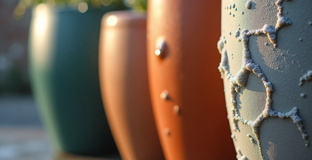 Makroaufnahme verschiedener Topfmaterialien im Wintertest, die die Textur von Fiberglas, gesprungenem Ton und Kunststoff zeigt.