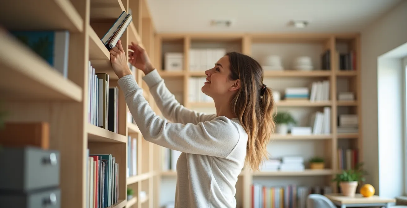 Hohe, filigrane Regalsysteme in hellem Holz erreichen die Decke eines Schweizer Altbaus