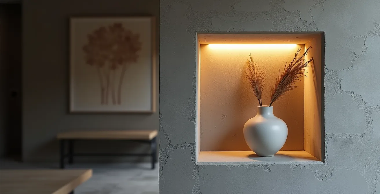 Beleuchtete Wandnische in Sichtbetonwand mit minimalistischem Kunstobjekt